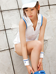 Kana Yuuki Asian takes tennis skirt off while playing with ball