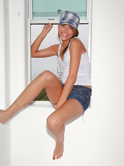 Naughty Meggan drops her jeans shorts and starts licking the floor