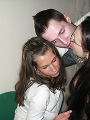 Two busty brunette hotties got sex with handsome fellow.