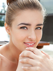 Adriana captures our attention with her sensual, seductive-looking glance, as she undress her plain white polo shirt, and her white laced lingerie mov