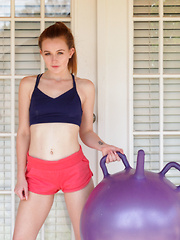 After her daily workout session, Danni Rivers peels off her clothes and goes for a ride on a dildo attached to her yoga ball. The certified nubile tee